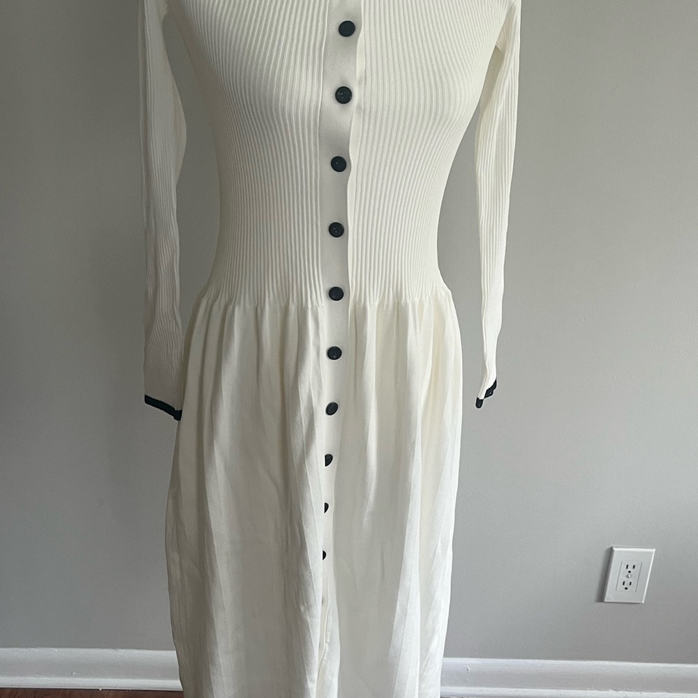 Proenza Schouler Ivory Long Sleeve Button-Front Dress with Black Trim